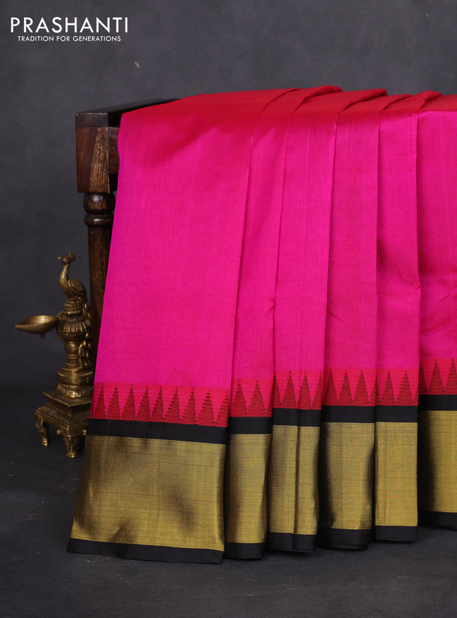 Kuppadam silk cotton saree magenta pink and black with plain body and temple design zari woven border