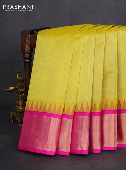 Kuppadam silk cotton saree lime yellow and pink with plain body and temple design zari woven border