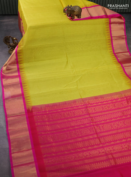 Kuppadam silk cotton saree lime yellow and pink with plain body and temple design zari woven border