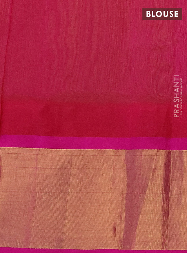 Kuppadam silk cotton saree lime yellow and pink with plain body and temple design zari woven border