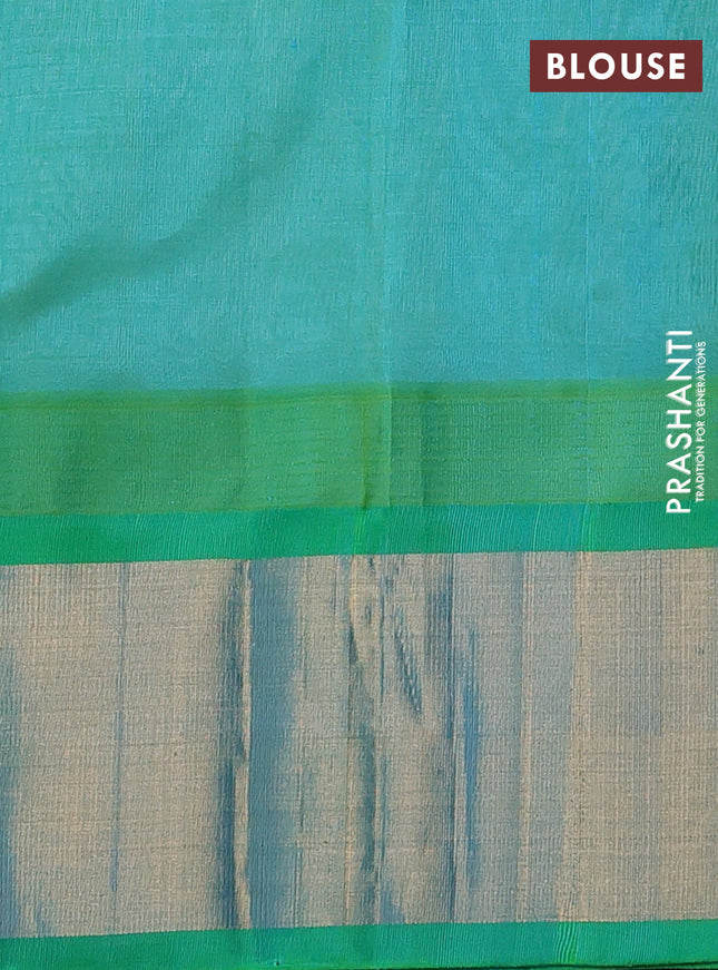 Kuppadam silk cotton saree off white and teal bluish green with plain body and temple design zari woven border