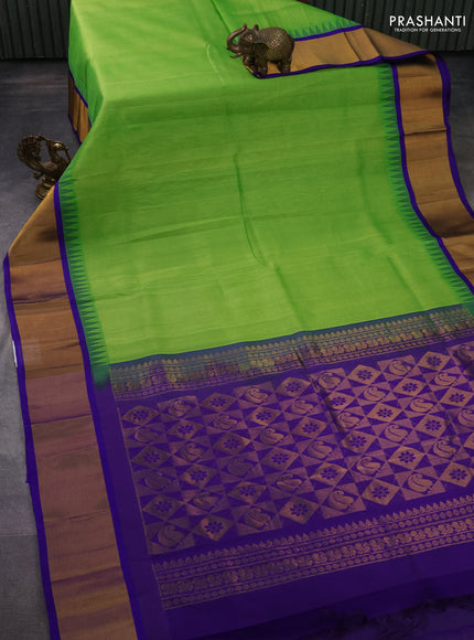 Kuppadam silk cotton saree light green and blue with plain body and temple design zari woven border
