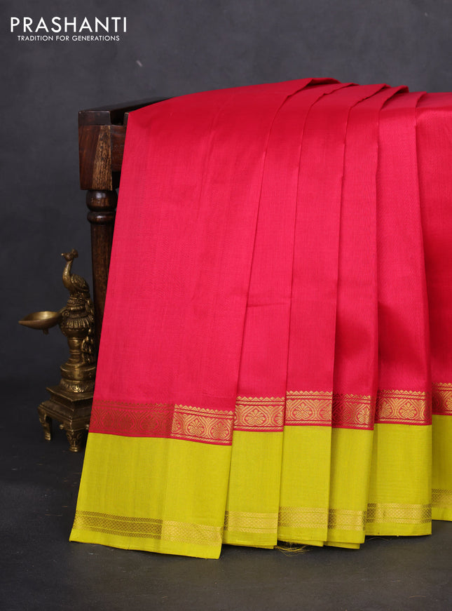Kuppadam silk cotton saree dark pink and lime yellow with plain body and rettapet zari woven border