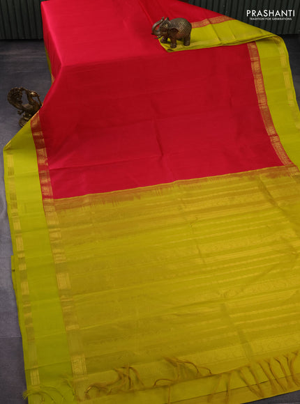 Kuppadam silk cotton saree dark pink and lime yellow with plain body and rettapet zari woven border