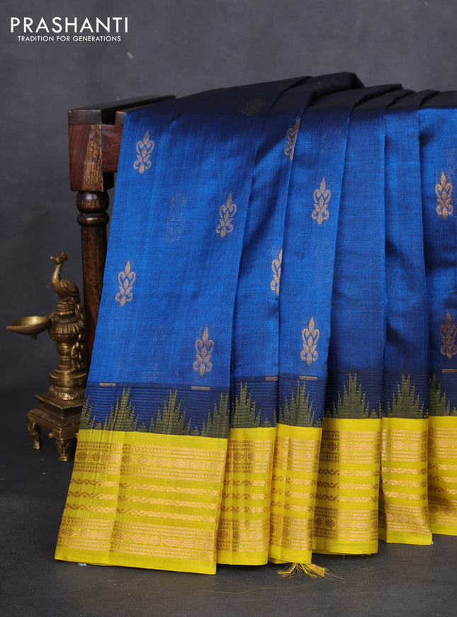 Kuppadam silk cotton saree peacock blue and lime yellow with zari woven buttas and temple design zari woven border