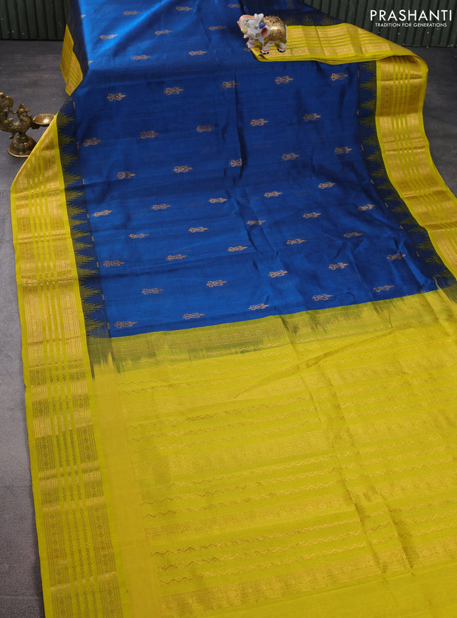Kuppadam silk cotton saree peacock blue and lime yellow with zari woven buttas and temple design zari woven border