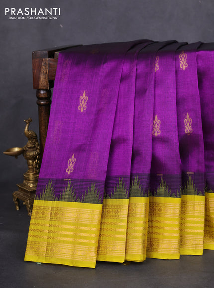 Kuppadam silk cotton saree purple and lime yellow with zari woven buttas and temple design zari woven border