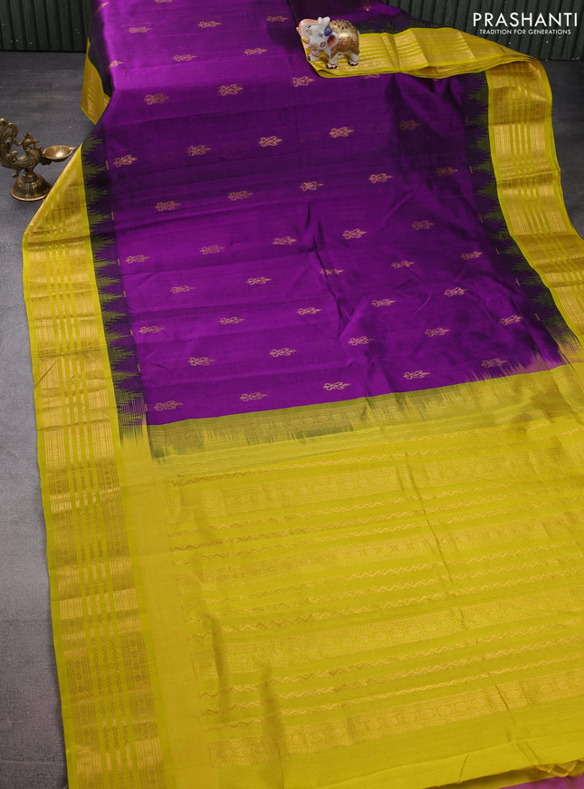Kuppadam silk cotton saree purple and lime yellow with zari woven buttas and temple design zari woven border