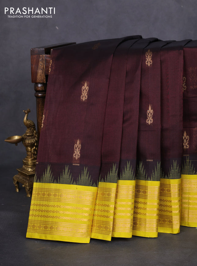 Kuppadam silk cotton saree brown and lime yellow with zari woven buttas and temple design zari woven border
