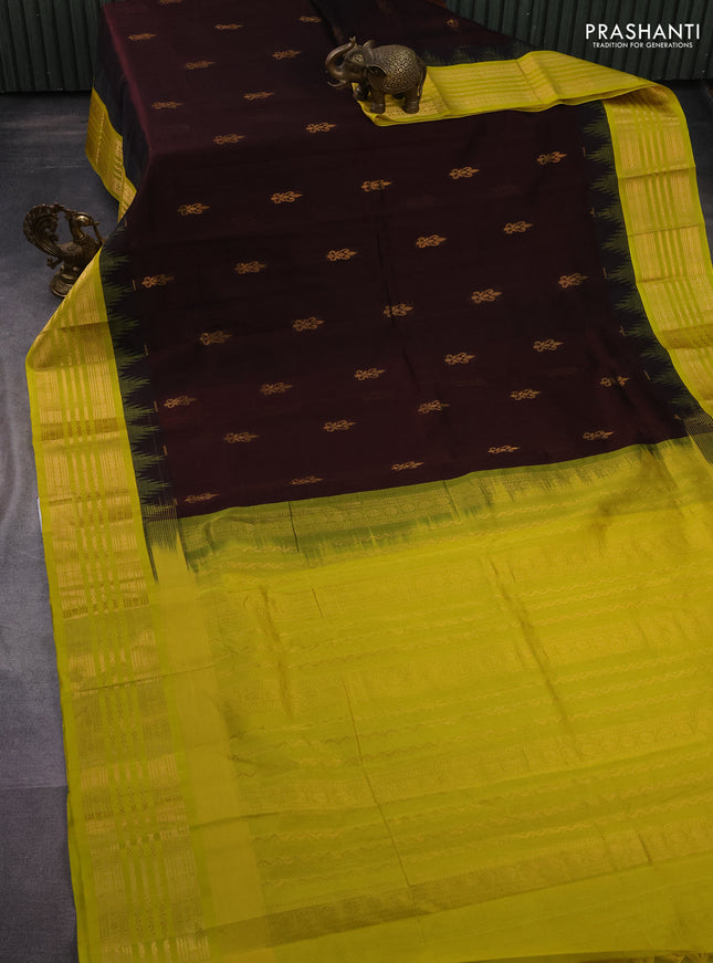 Kuppadam silk cotton saree brown and lime yellow with zari woven buttas and temple design zari woven border