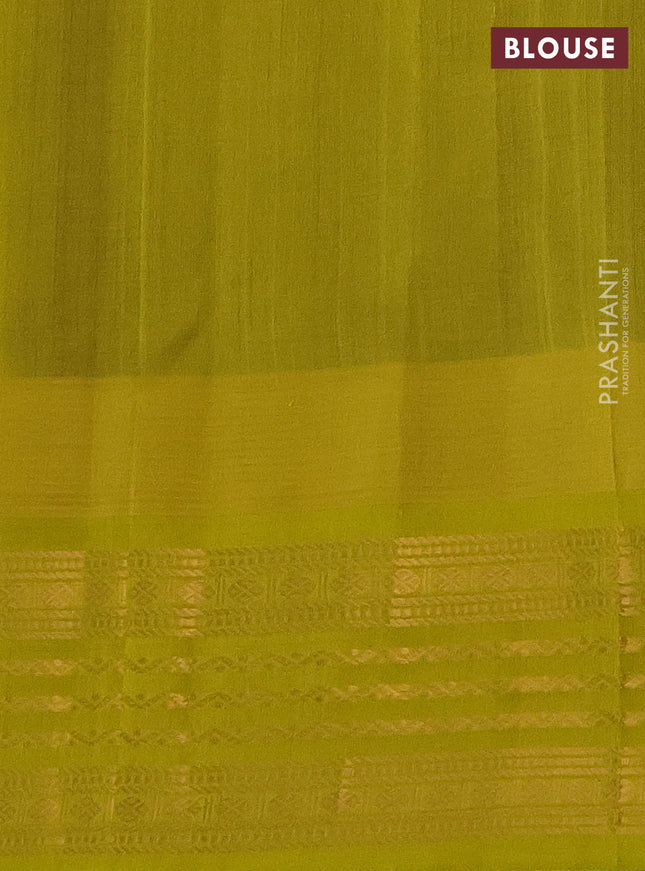 Kuppadam silk cotton saree brown and lime yellow with zari woven buttas and temple design zari woven border