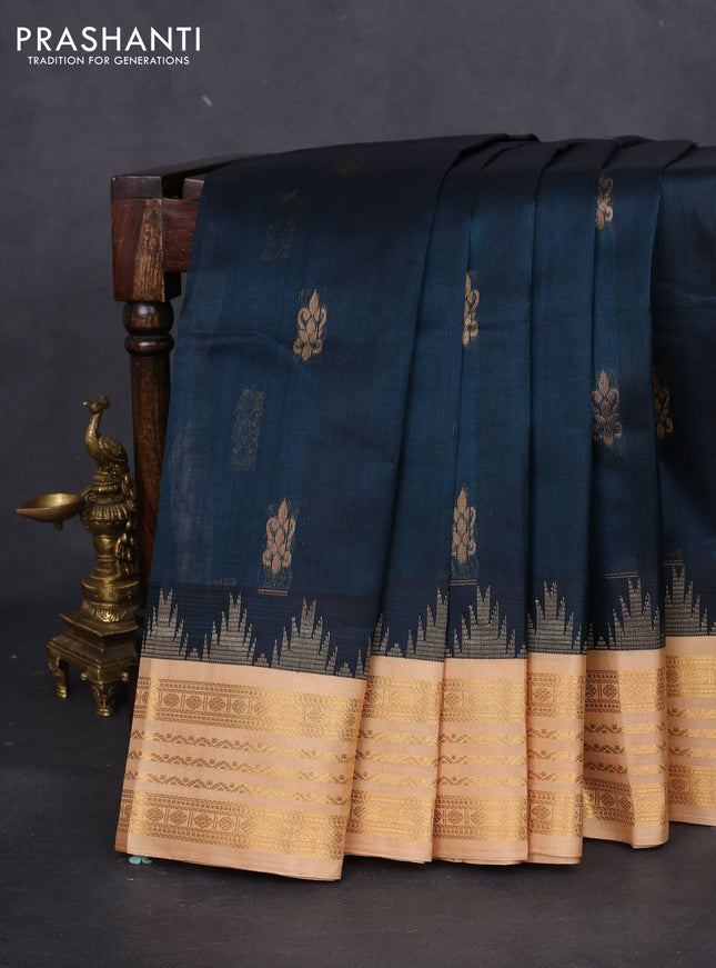 Kuppadam silk cotton saree peacock green and sandal with zari woven buttas and temple design zari woven border