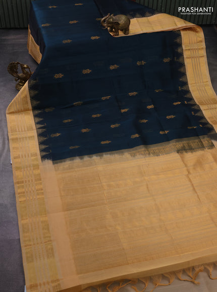 Kuppadam silk cotton saree peacock green and sandal with zari woven buttas and temple design zari woven border