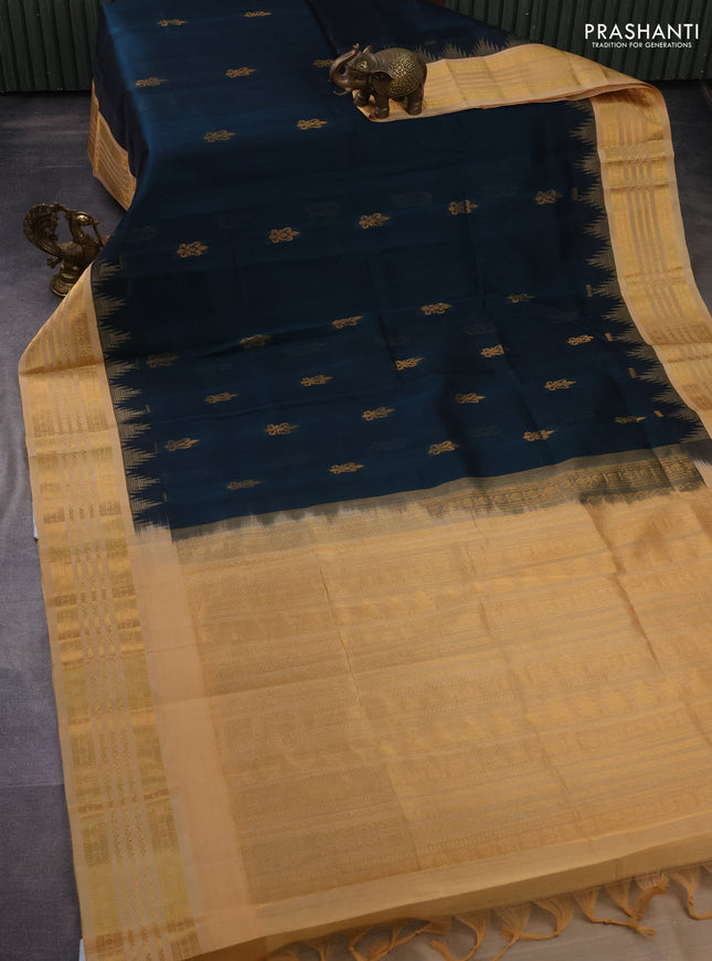 Kuppadam silk cotton saree peacock green and sandal with zari woven buttas and temple design zari woven border
