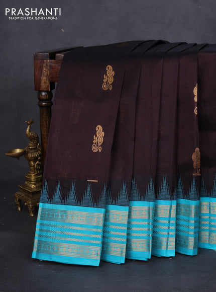 Kuppadam silk cotton saree deep coffee brown and teal blue with zari woven buttas and temple design zari woven border
