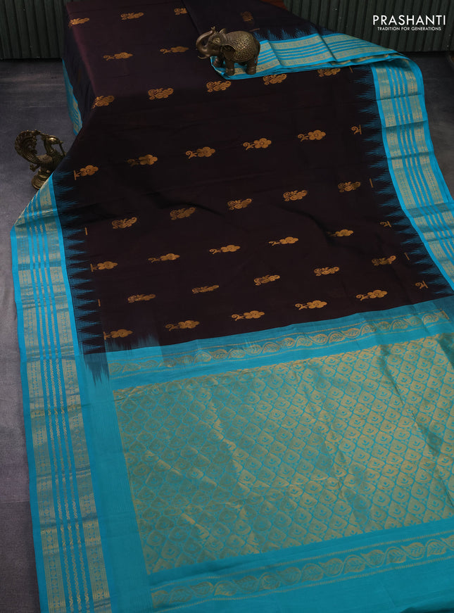 Kuppadam silk cotton saree deep coffee brown and teal blue with zari woven buttas and temple design zari woven border