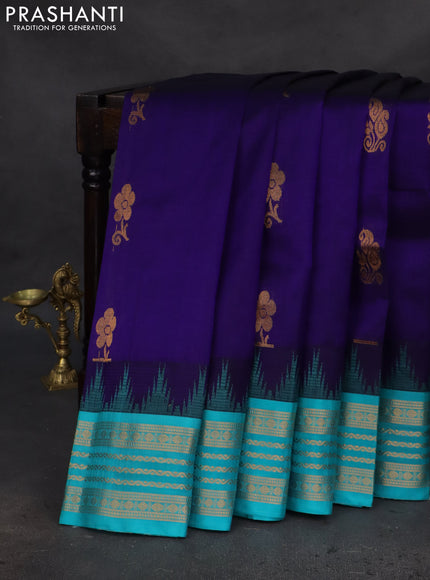 Kuppadam silk cotton saree blue and teal blue with zari woven buttas and temple design zari woven border