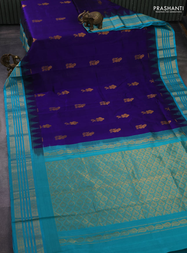 Kuppadam silk cotton saree blue and teal blue with zari woven buttas and temple design zari woven border