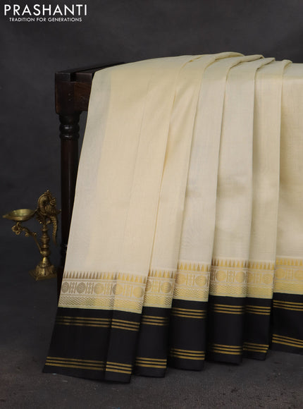 Kuppadam silk cotton saree cream and black with plain body and rettapet zari woven border
