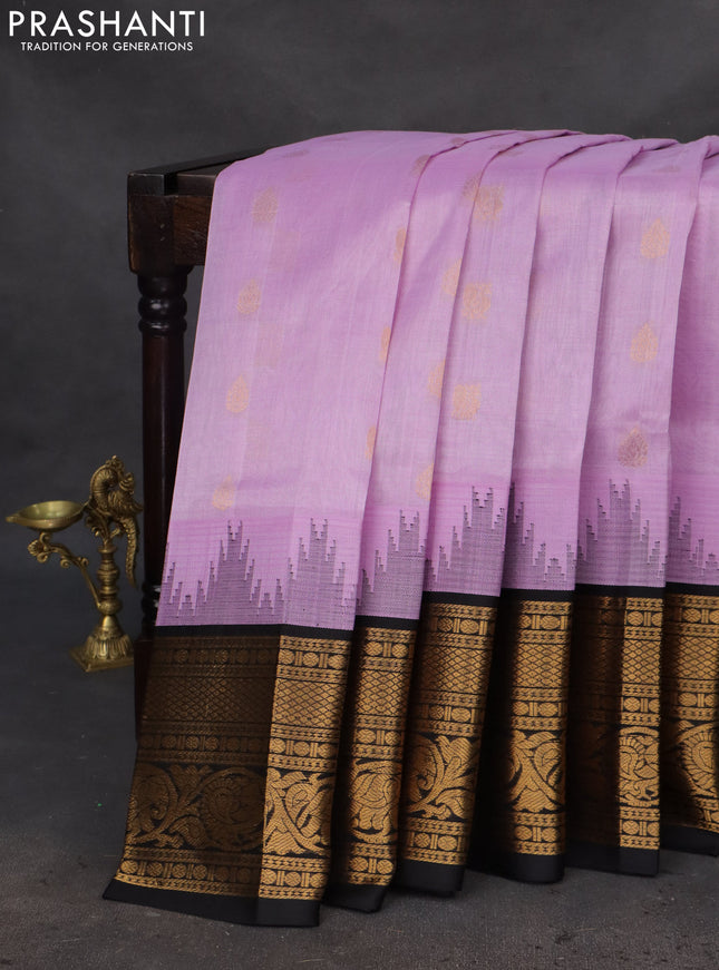 Kuppadam silk cotton saree lavender and black with zari woven buttas and temple design long zari woven border