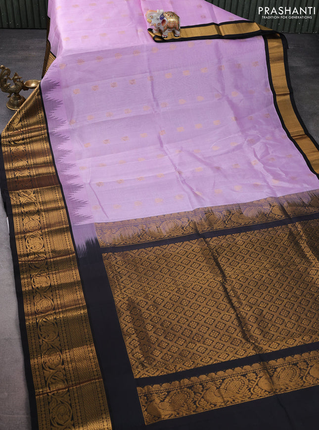 Kuppadam silk cotton saree lavender and black with zari woven buttas and temple design long zari woven border