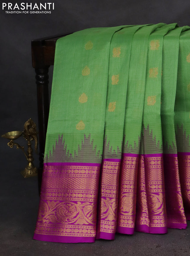 Kuppadam silk cotton saree pastel green and purple with zari woven buttas and temple design long zari woven border
