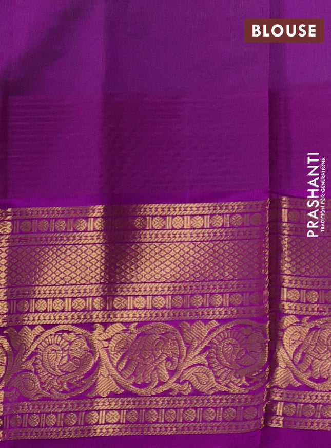 Kuppadam silk cotton saree pastel green and purple with zari woven buttas and temple design long zari woven border