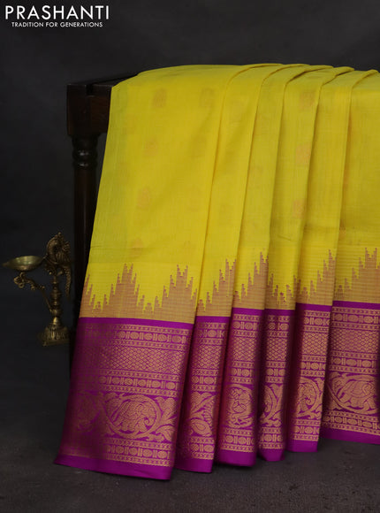 Kuppadam silk cotton saree lime yellow and purple with zari woven buttas and temple design long zari woven border