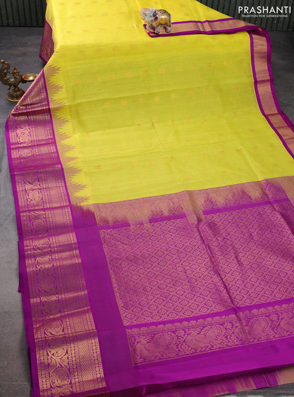 Kuppadam silk cotton saree lime yellow and purple with zari woven buttas and temple design long zari woven border