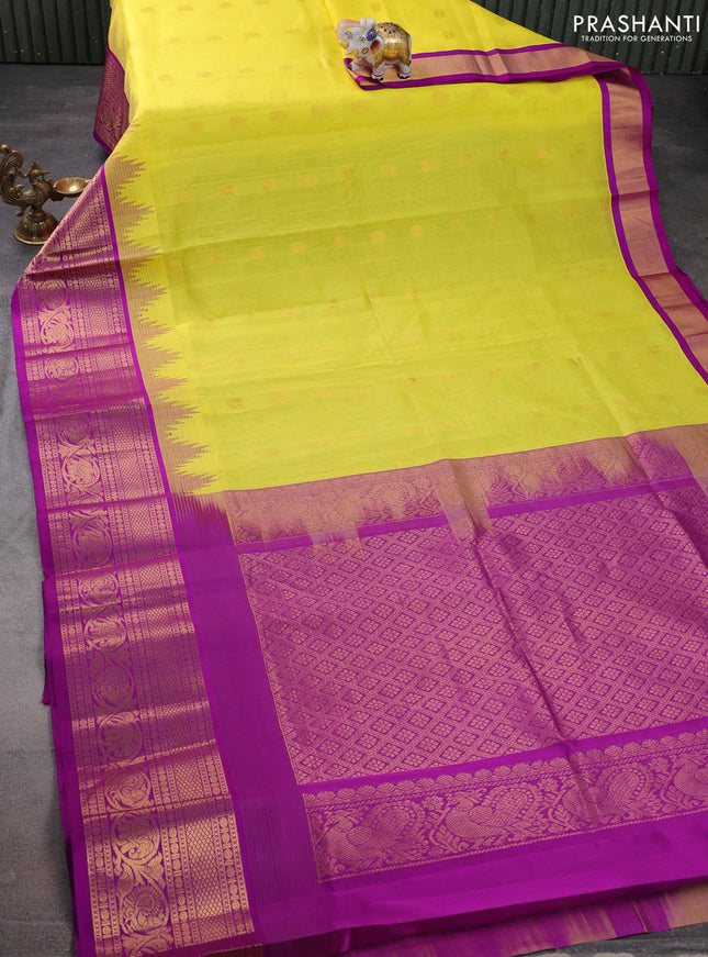 Kuppadam silk cotton saree lime yellow and purple with zari woven buttas and temple design long zari woven border