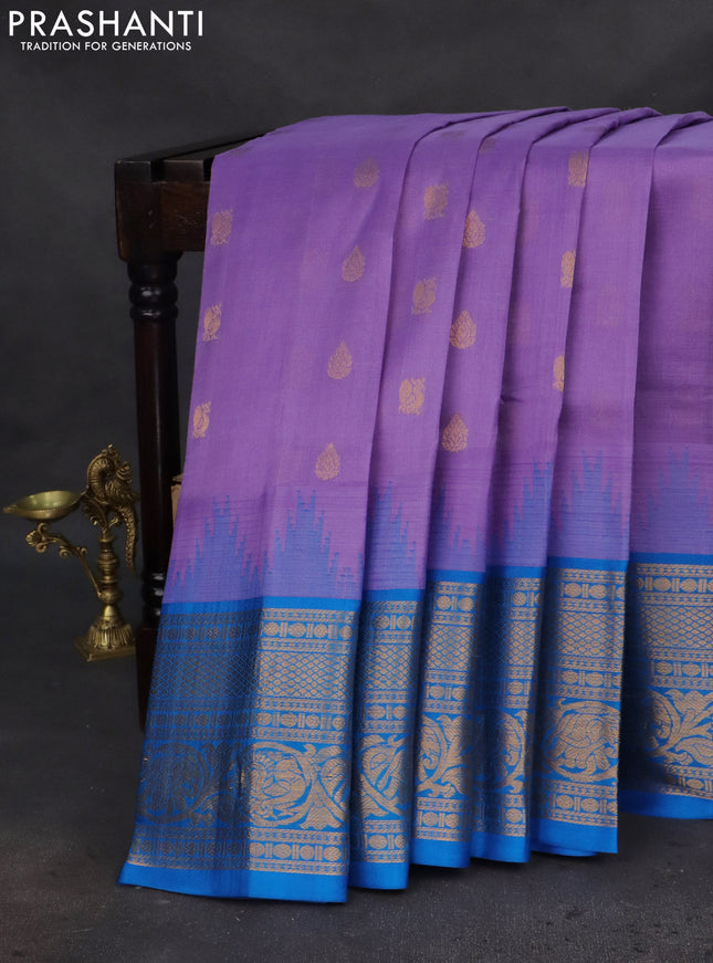 Kuppadam silk cotton saree lavender and cs blue with zari woven buttas and temple design long zari woven border