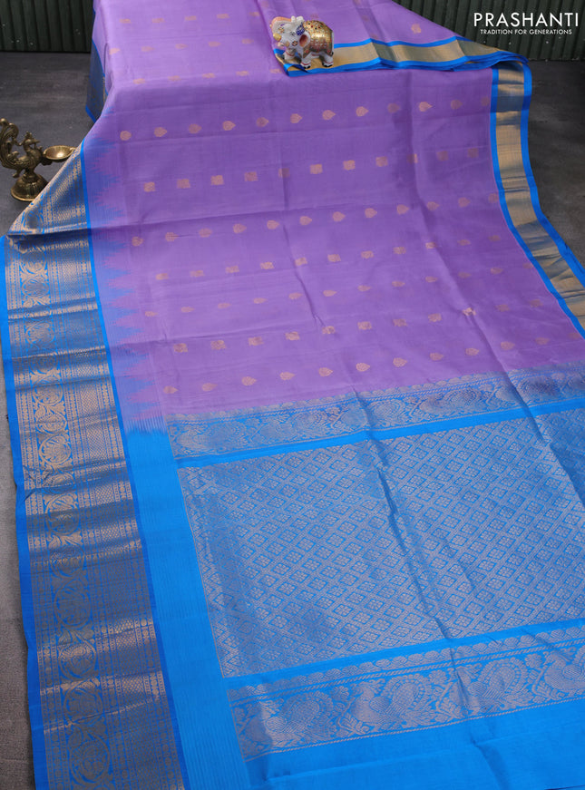 Kuppadam silk cotton saree lavender and cs blue with zari woven buttas and temple design long zari woven border
