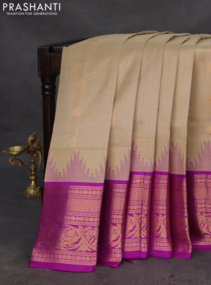 Kuppadam silk cotton saree beige and purple with zari woven buttas and temple design long zari woven border