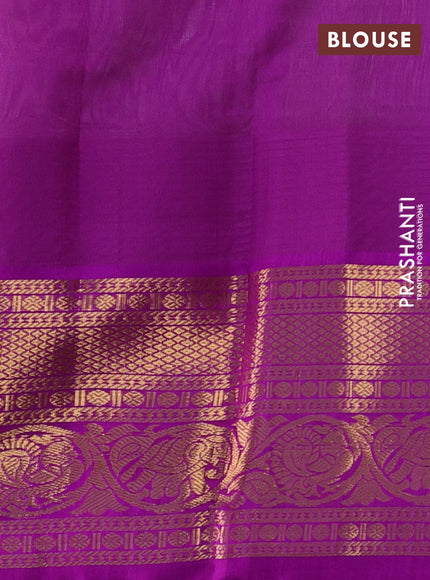 Kuppadam silk cotton saree beige and purple with zari woven buttas and temple design long zari woven border