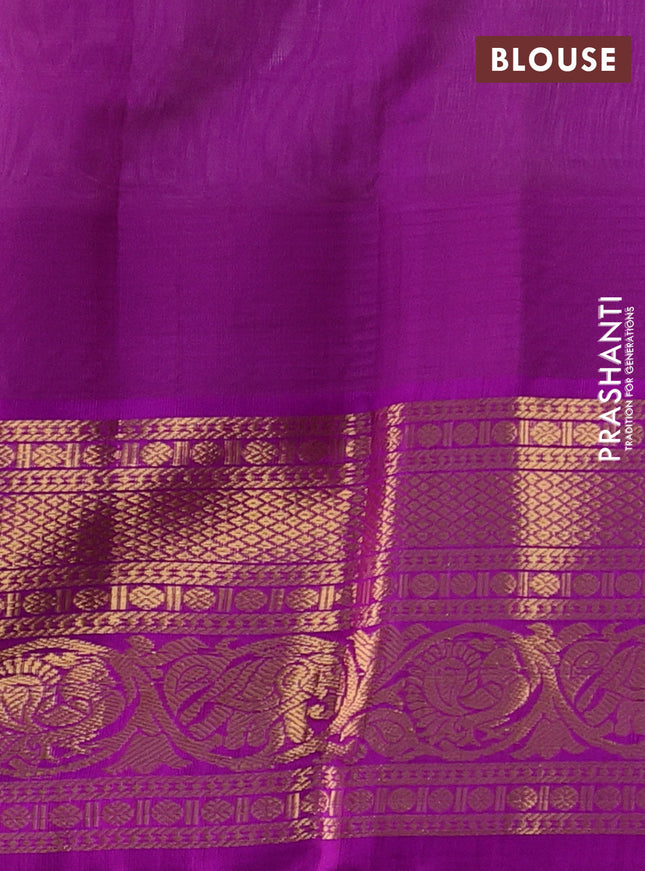 Kuppadam silk cotton saree beige and purple with zari woven buttas and temple design long zari woven border