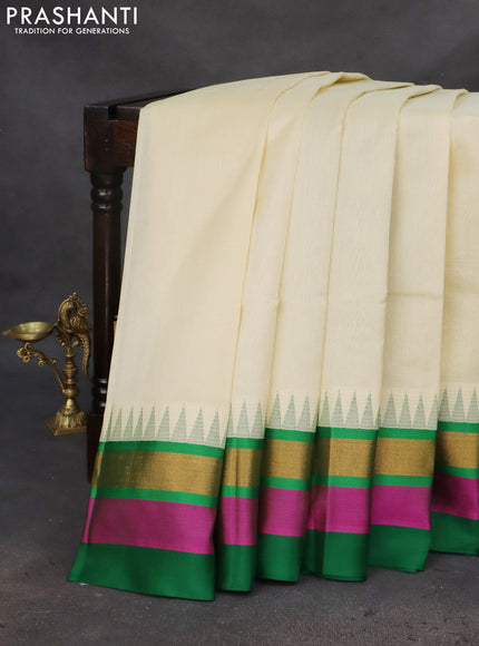 Kuppadam silk cotton saree cream and green with plain body and temple design zari woven simple border