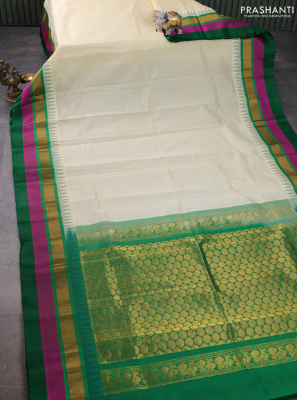 Kuppadam silk cotton saree cream and green with plain body and temple design zari woven simple border