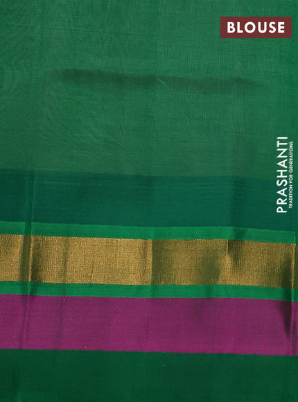 Kuppadam silk cotton saree cream and green with plain body and temple design zari woven simple border