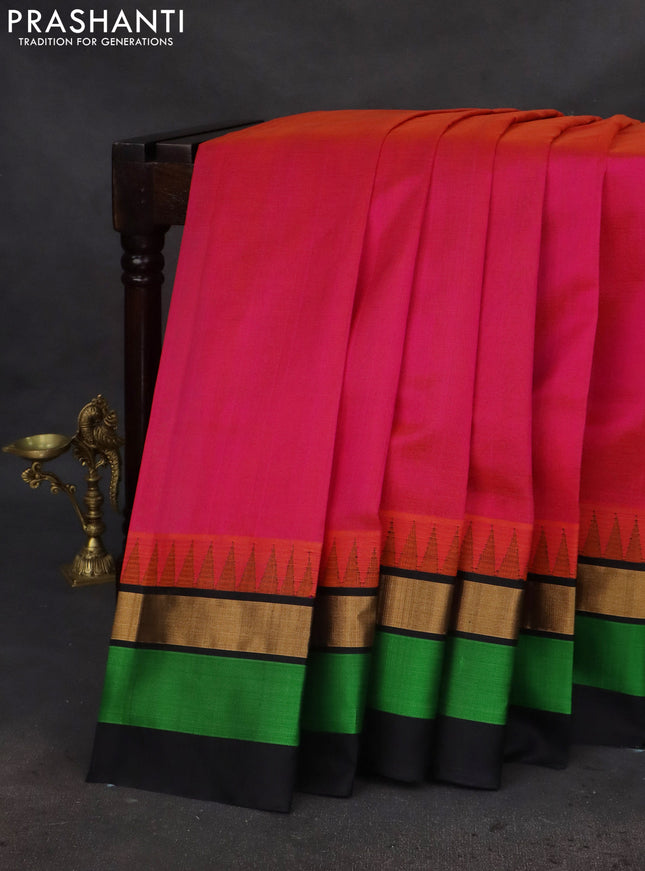 Kuppadam silk cotton saree pink and black with plain body and temple design zari woven simple border