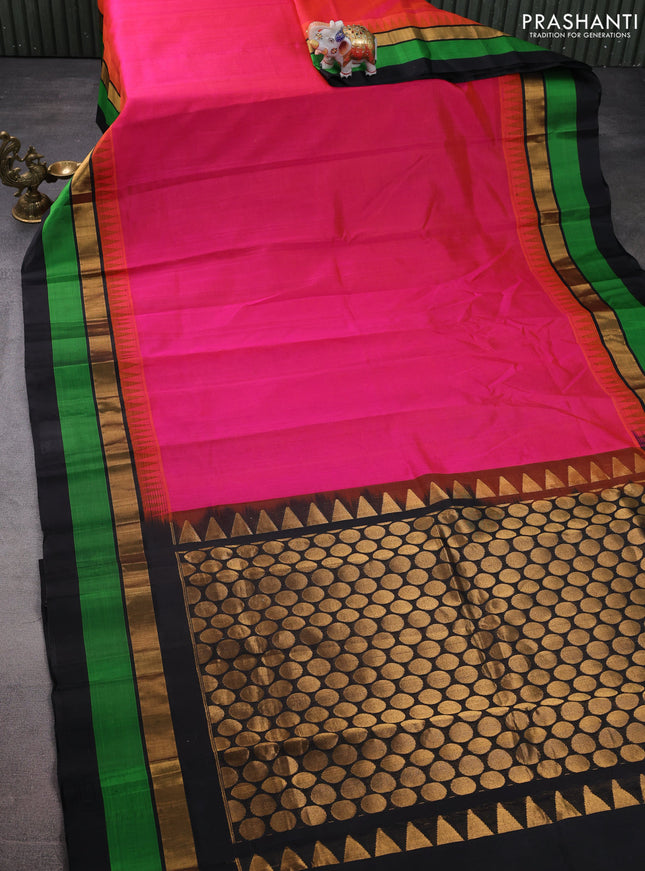 Kuppadam silk cotton saree pink and black with plain body and temple design zari woven simple border