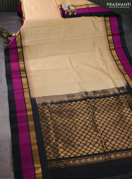 Kuppadam silk cotton saree sandal and black with plain body and temple design zari woven simple border