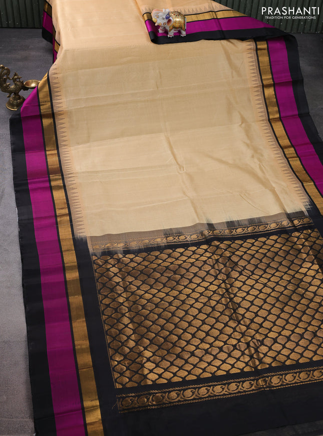 Kuppadam silk cotton saree sandal and black with plain body and temple design zari woven simple border