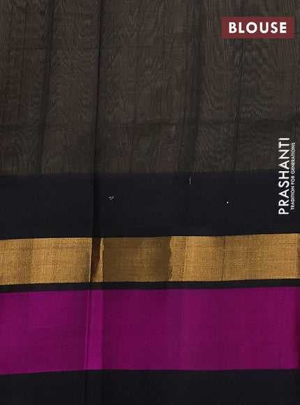 Kuppadam silk cotton saree sandal and black with plain body and temple design zari woven simple border