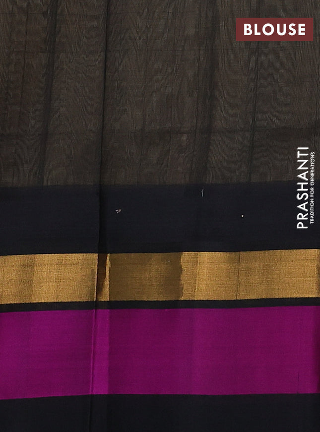 Kuppadam silk cotton saree sandal and black with plain body and temple design zari woven simple border