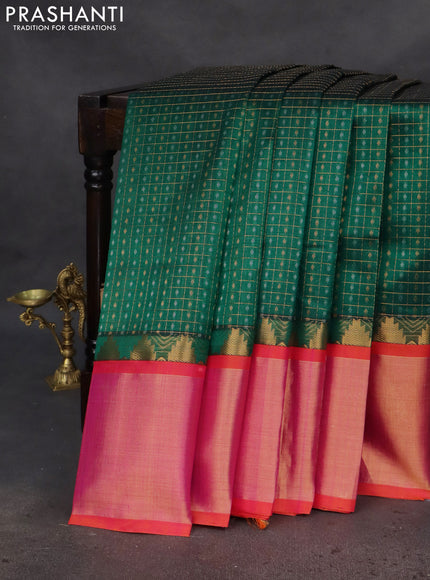Kuppadam silk cotton saree green and dual shade of pinkish orange with allover small zari checks & lakshadeepam weaves and temple design long zari woven border