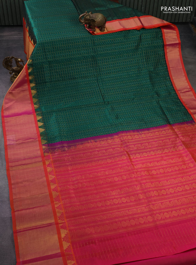 Kuppadam silk cotton saree green and dual shade of pinkish orange with allover small zari checks & lakshadeepam weaves and temple design long zari woven border