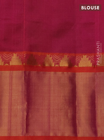 Kuppadam silk cotton saree green and dual shade of pinkish orange with allover small zari checks & lakshadeepam weaves and temple design long zari woven border