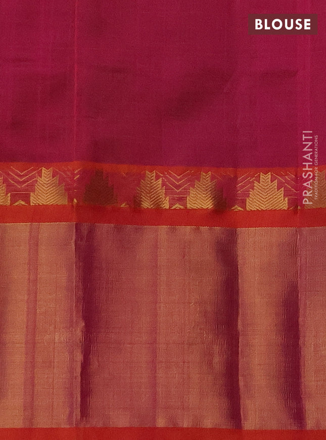 Kuppadam silk cotton saree green and dual shade of pinkish orange with allover small zari checks & lakshadeepam weaves and temple design long zari woven border