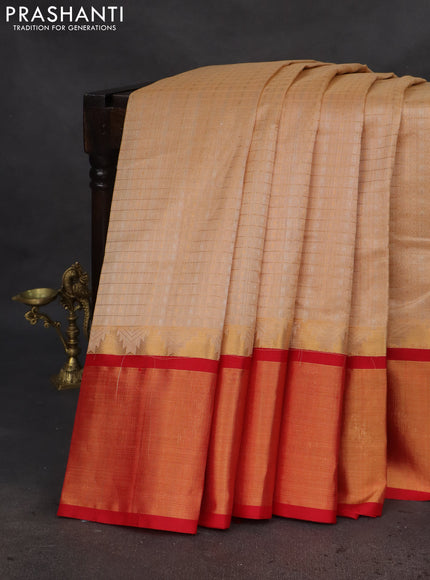 Kuppadam silk cotton saree sandal and red with allover small zari checks & lakshadeepam weaves and temple design long zari woven border