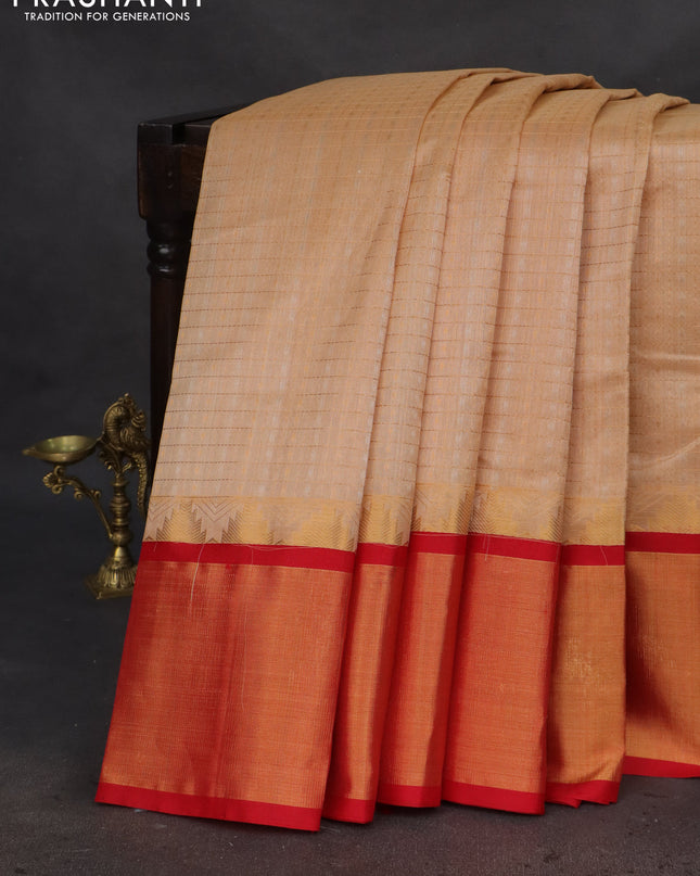 Kuppadam silk cotton saree sandal and red with allover small zari checks & lakshadeepam weaves and temple design long zari woven border